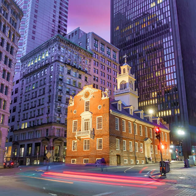 Evening view of the Old State House in Boston, Massachusetts